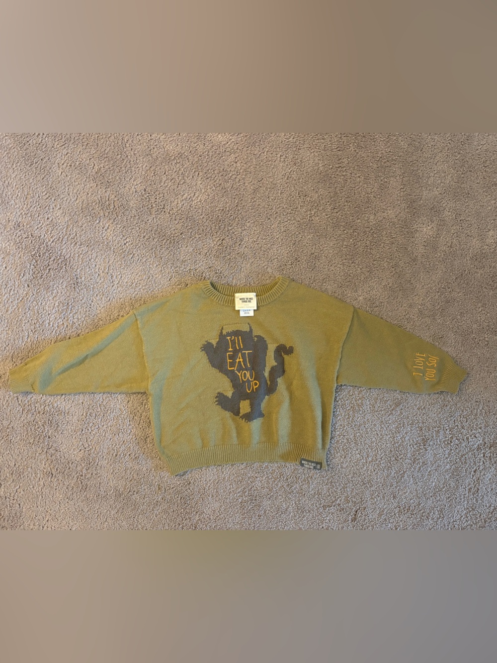 Kids Olive Green Monster Knit Sweater - Playful 'I'll Eat You Up' Graphic